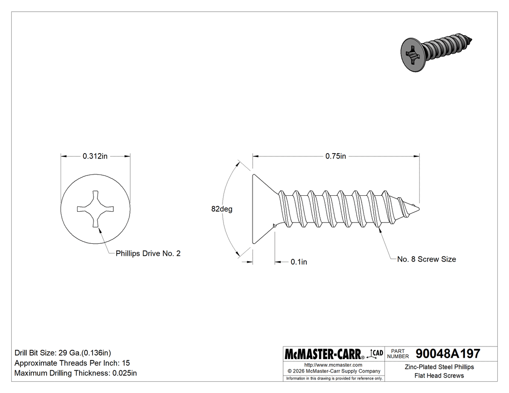 Technical Drawing of Zinc-Plated Steel Phillips Flat Head Screws, for Sheet Metal, Number 8 Size, 3/4" Long.